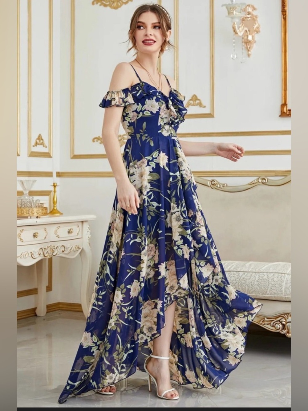 Navy Floral Ruffled High-Low Maxi Dress - Picture 6 of 6